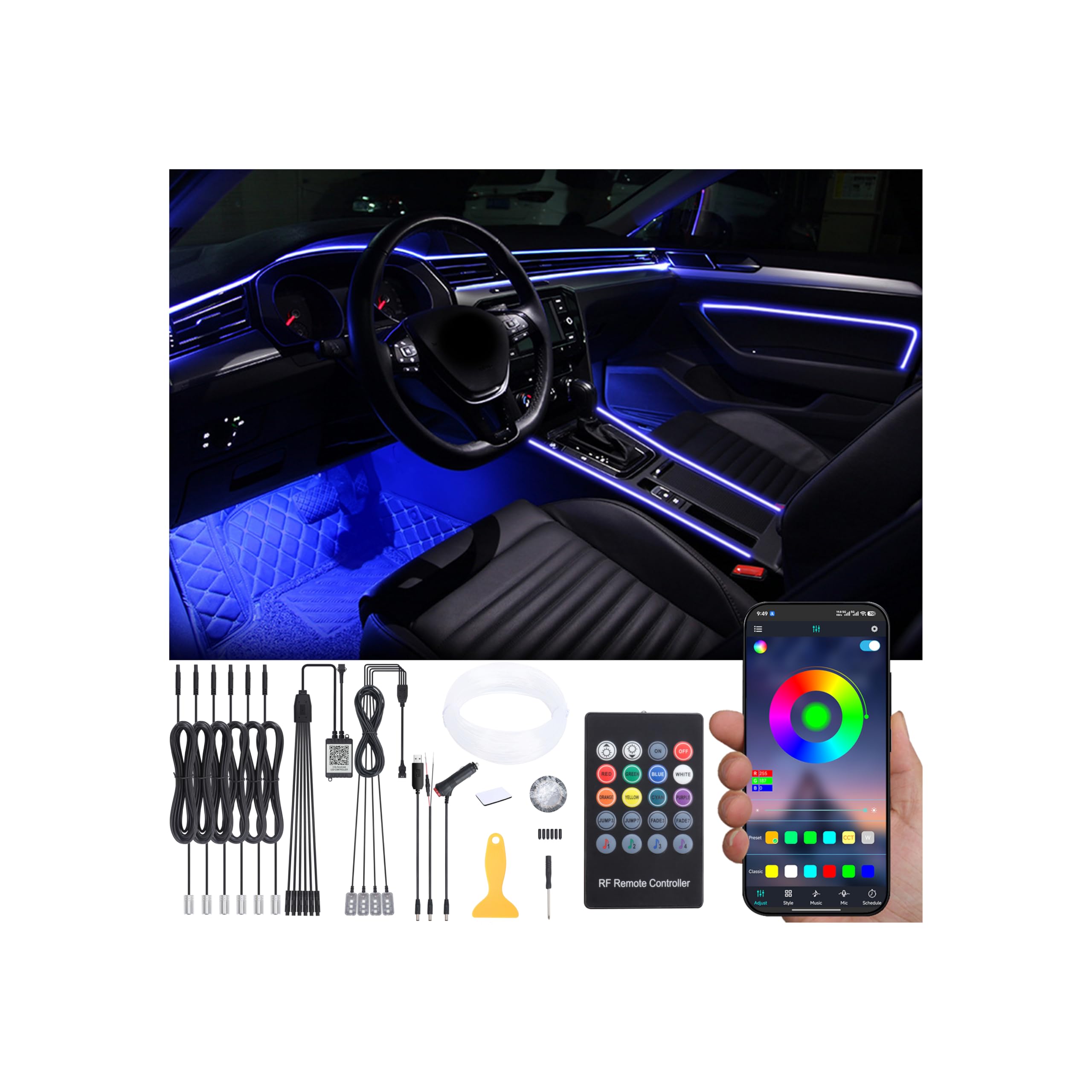 Auto Interno Strip Luces, 6 in 1 Multicolore RGB Auto Footwell Kit di illuminazione ambientale, 8m Fibra ottica EL Neon Tube Luce, Modalità fai da te Sinc musicale Remoto RF + APP DC 12V