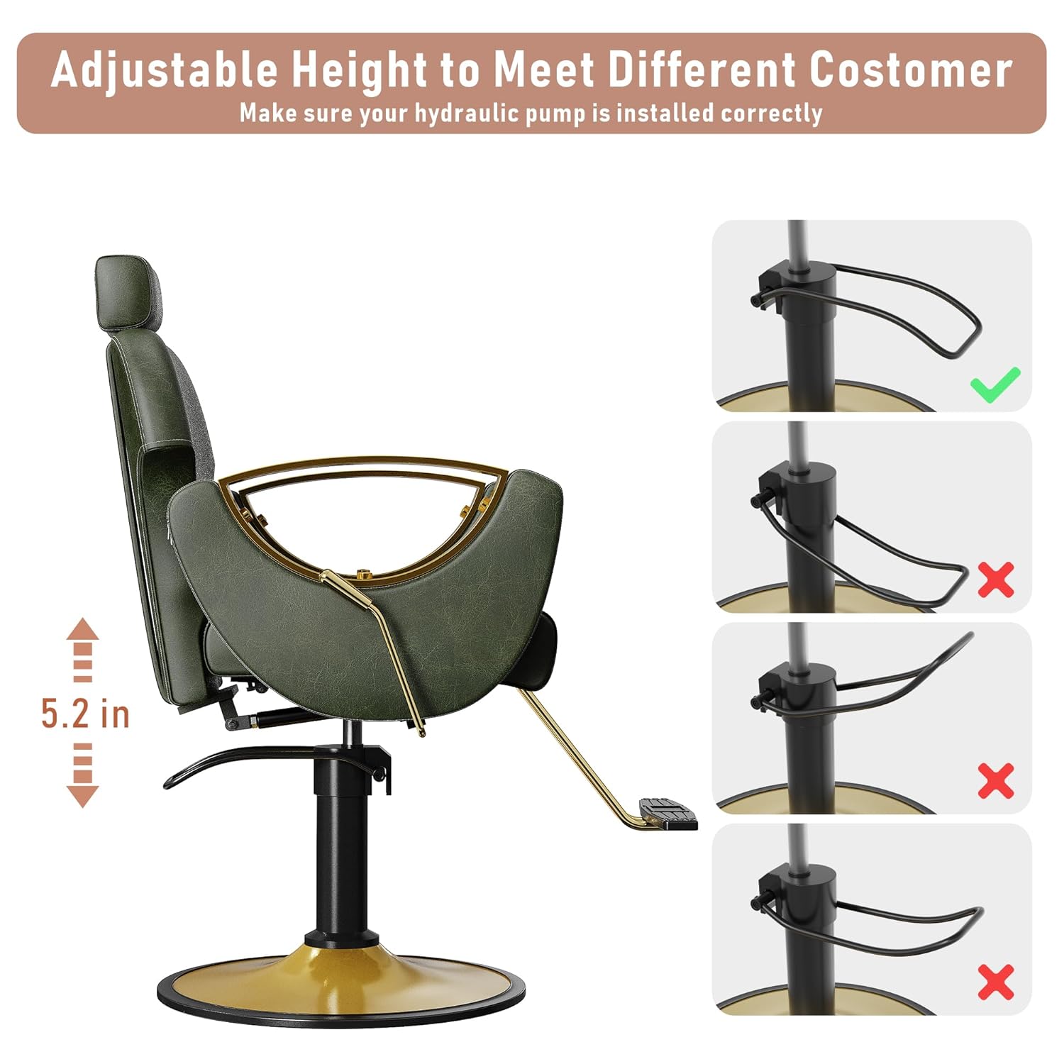 Barber Chair, Salon Chair for Hair Stylist, Height Adjustable Hydraulic Hair Reclining Salon Chairs, 360 Degrees Rotation, Multi-Function Shampoo Chair for Barbershop (Green)