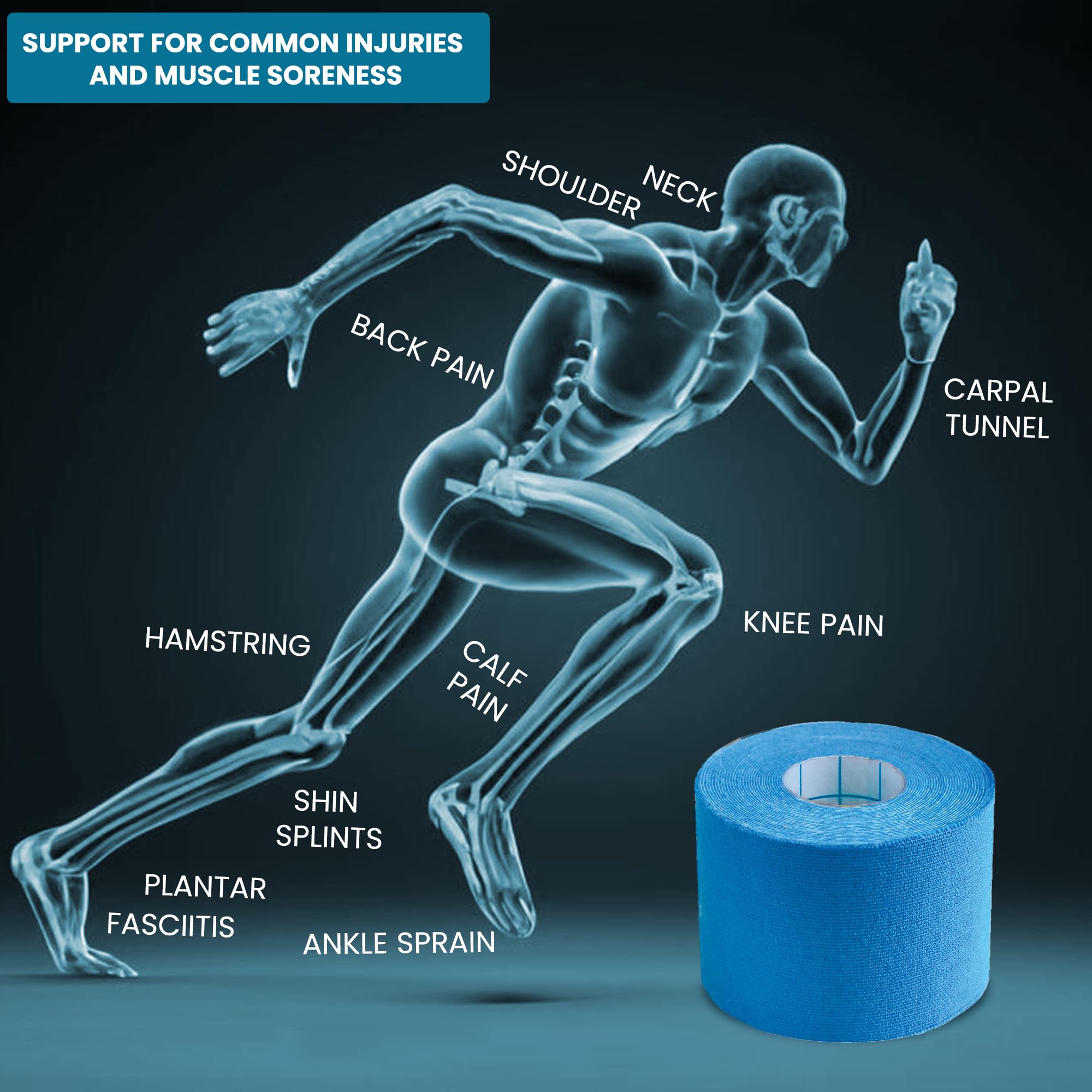 Medigrip Kinesiology Tape (5 cm x 5 m) – 1 Roll, Blue – Waterproof, Sweat-Resistant, Bi-Directional Flexibility for Muscle Support, Sports Injuries & Active Performance 1