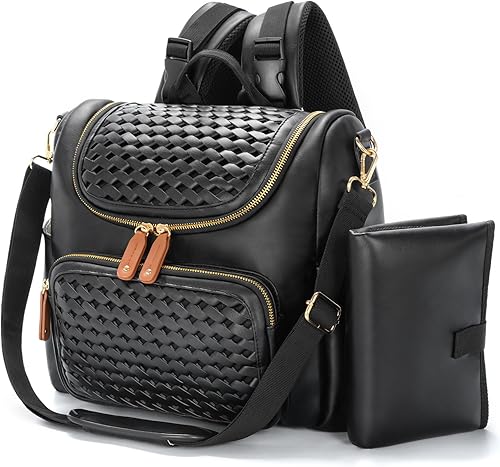 Minsong Mochila para pañales, mochila pequeña para pañales para mamá con cambiador, elegantes bolsas de pañales de viaje de cuero vegano (negro)