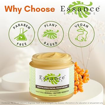 Essance Face Moisturizer 4oz | Lightweight Facial Cream with Sea Buckthorn | Jojoba, Cedarwood, Jasmine, Ylang-Ylang & Sandalwood | Dry, Oily, Sensitive Skin | Paraben, Sulfate Free | for Women, Men