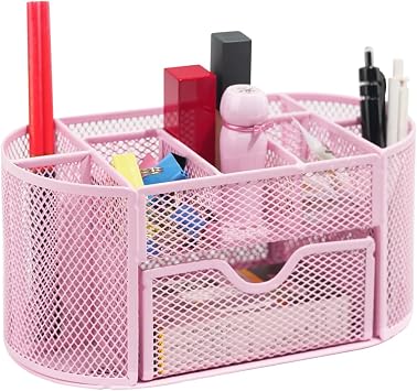 Newkita Desktop Organizer with Pencil Pen Holder and Accessories Offering 8 Compartments and 1 Drawer for Home, School and Office. Cherry Blossom Pink