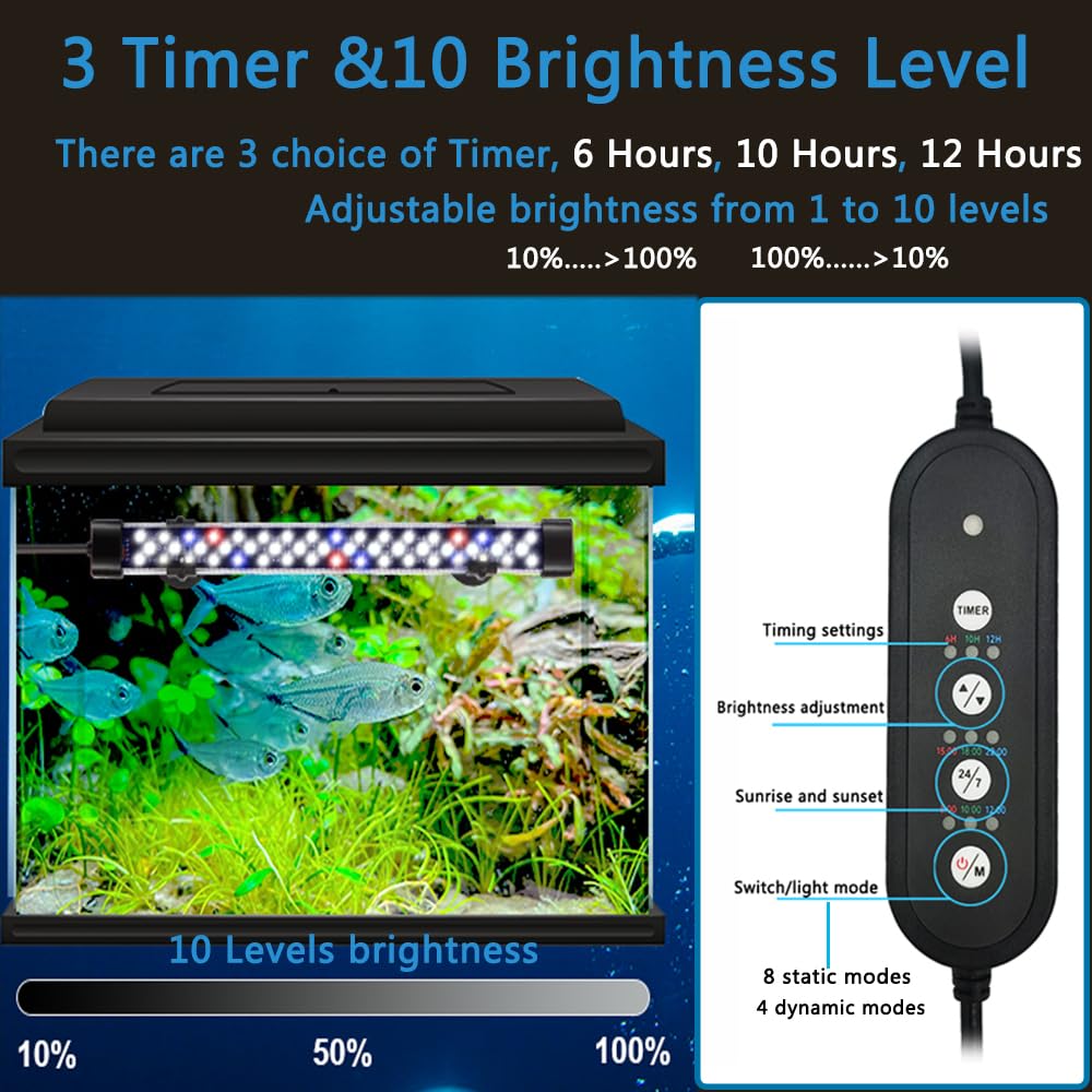 Luci subacquee per acquario, luce subacquea 24/7 cicli con timer, luminosità regolabile, 8 colori, luce LED a spettro completo subacquea per decorazione