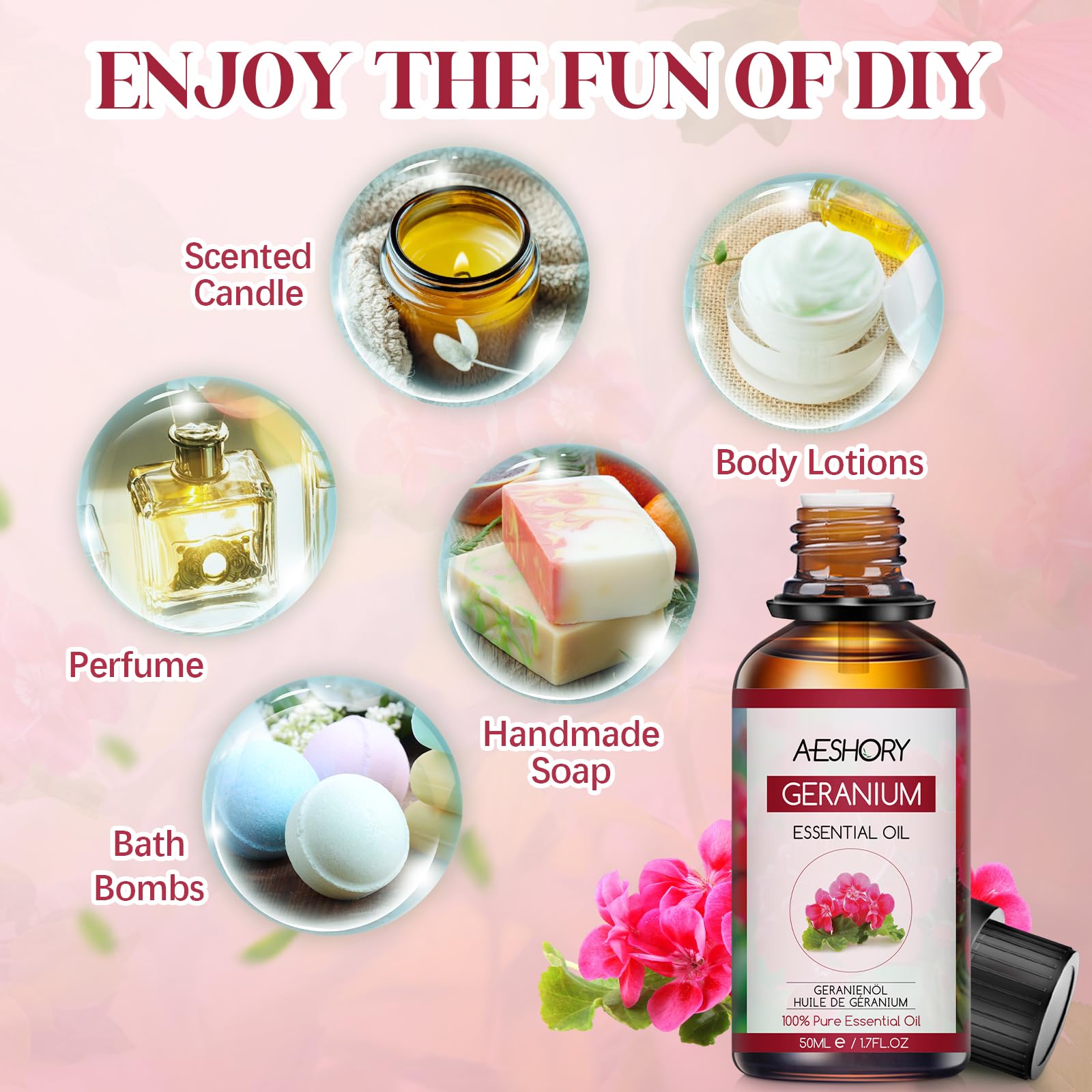 AESHORY Olio Essenziale di Geranio 50ML, Naturali Olio di Geranio, Olio Profumati Aromaterapia Premium per Diffusori, SPA, Massaggio, Cura della Pelle
