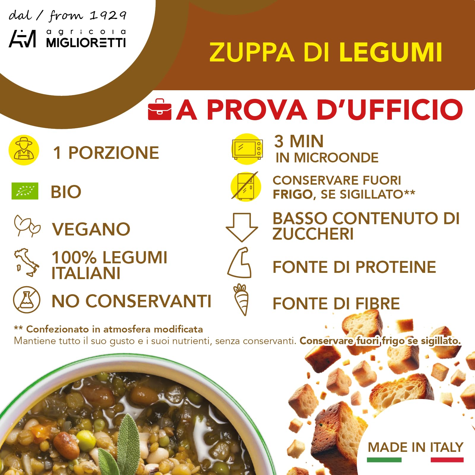 Agricola Miglioretti Zuppa Biologica di Ceci e Cavolo Nero Pronta in 3 Minuti - Vegana, Senza Glutine e Senza Conservanti per un Pasto Sano e Delizioso - 6 porzioni