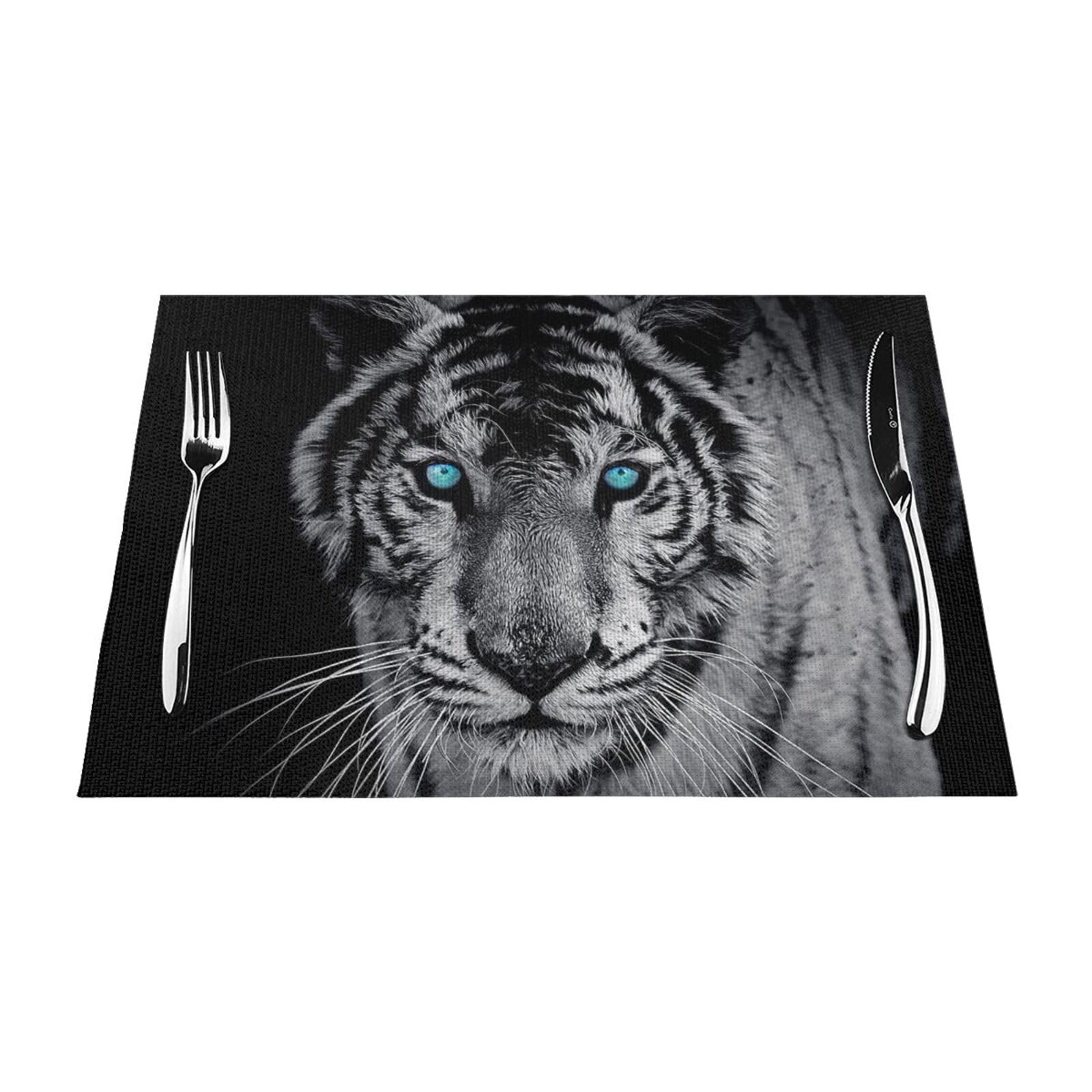 PVC Placemat Set of 4 PCS, 45x30 CM, White tiger Printed Non-Slip Heat Resistant Place Mats for Kitchen Dining Table Indoor Outdoor