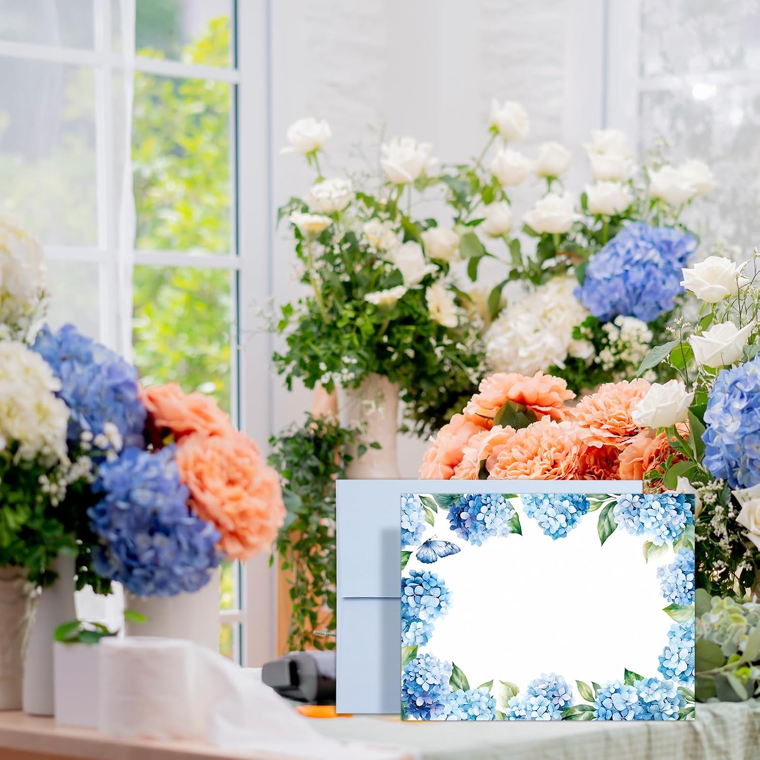 Whaline 24 Pack Hydrangea Stationery Cards with Envelopes Blank Thank You Note Cards Blue Floral Greeting Card for Spring Birthday Wedding Invitations Supplies