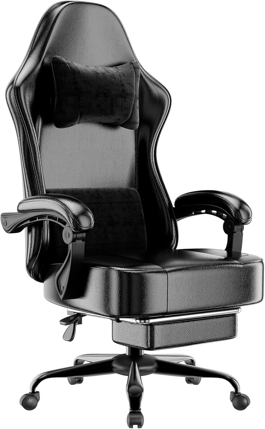 Ergonomic Gaming Chair with Footrest, PU Leather Video Game Chairs for Adults, Comfortable Computer Chair for Heavy People, Reclining Gamer Chair Office Chair with Lumbar Support, Dark Black