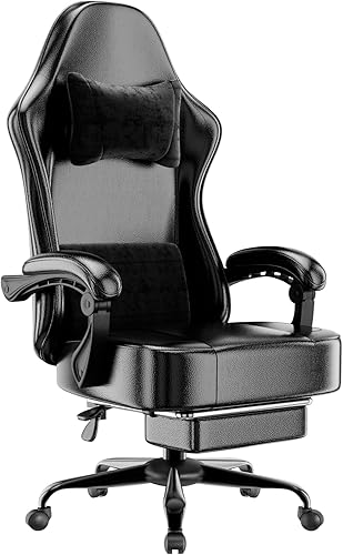 Miniatura 9 de Silla de juegos con cojín de resorte de bolsillo y reposapiés, silla ergonómica de computadora para adultos, silla de juegos de piel sintética Negro