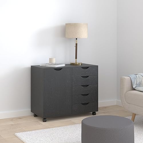 Miniatura 2 de Naomi Home Cómoda de 5 cajones con gabinete de 2 estantes, negro envejecido, almacenamiento inteligente con divisores ajustables, ruedas con