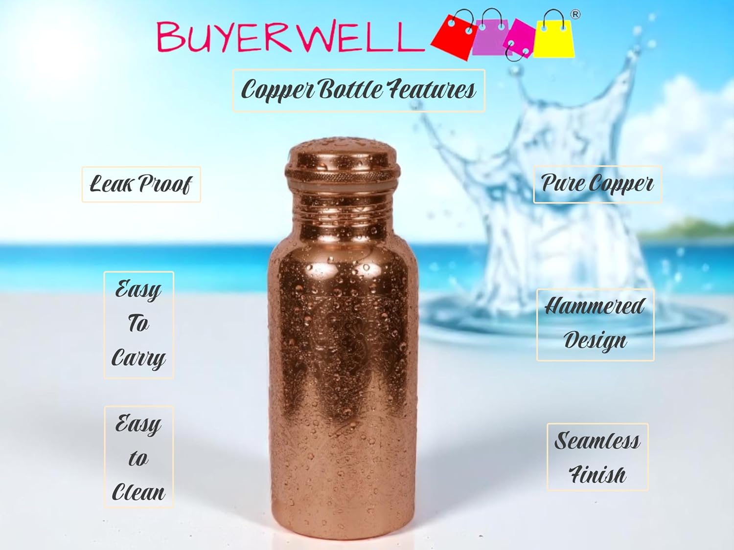 Pure Copper Embossed Water Bottle 17 Oz with Lid Ayurvedic Water Bottle Copper Water Vessel Small Leak Proof Seamless Finish