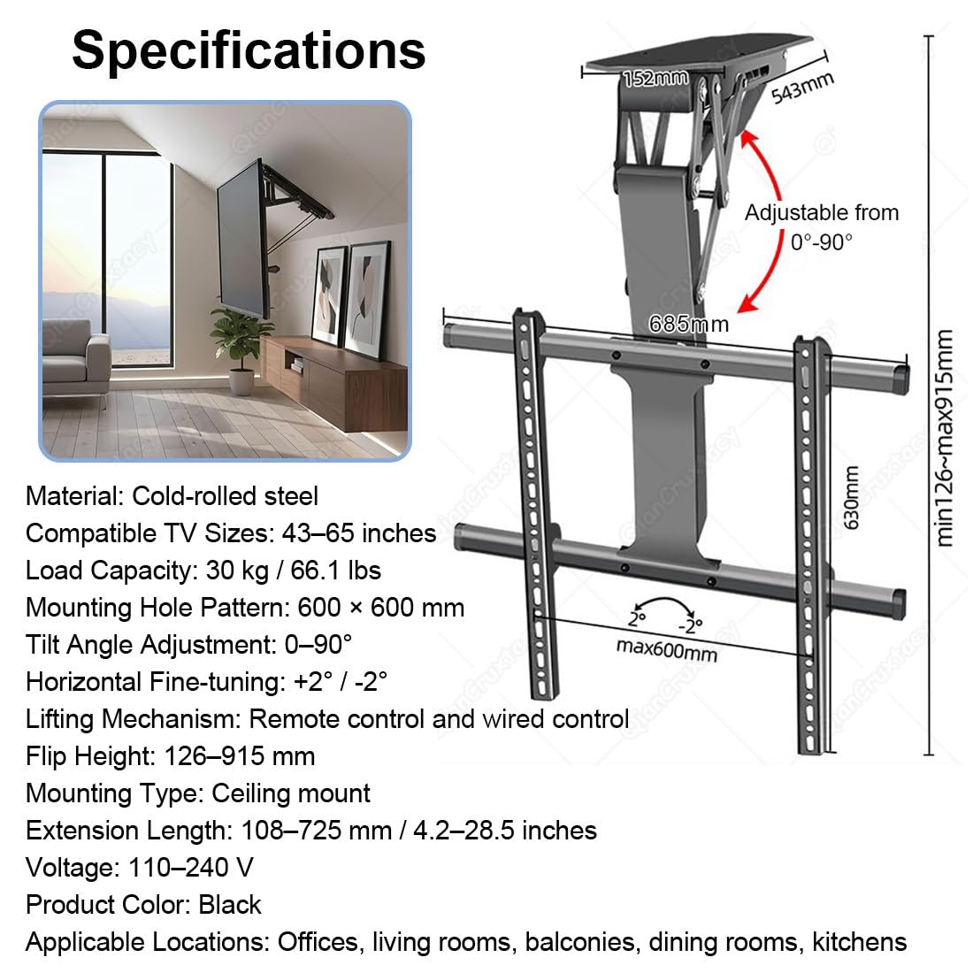 Soporte TV Techo Motorizado Abatible, Elevador Eléctrico para Pantallas Planas y Curvas de 43-65 Pulgadas, VESA 600x600 mm, Ángulo 0-90°, Doble Control (Mando a Distancia+Interruptor)