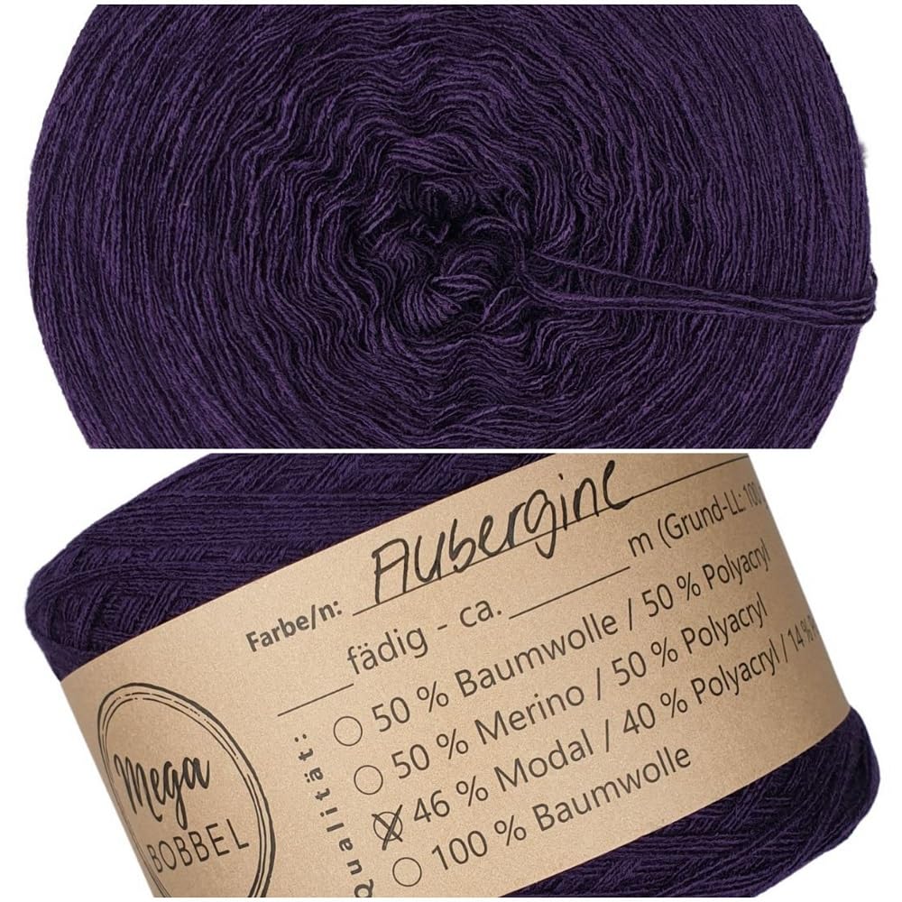 MegaBobbel- MODALmix *UNI-Aubergine*UMD11* - Lace Garn Bobbel Wolle zum Häkeln & Stricken (einfarbig) (4 fädig, 1500m)