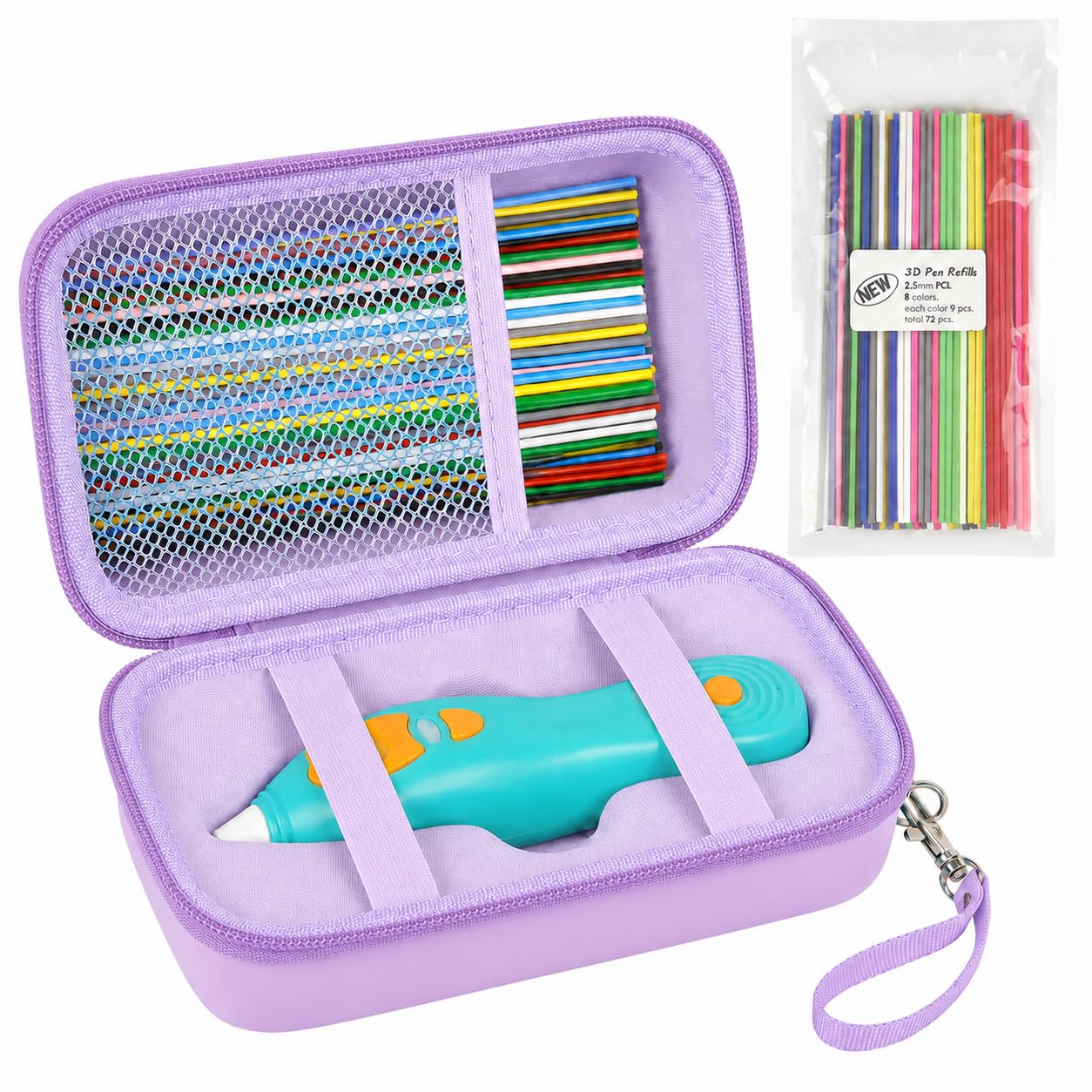 ANKHOH Case for 3Doodler Start+ Essentials for 3D Set+8 Colors 72Pcs Pen Refills Packs, Storage Organizer for Printing Filament Refill and Charger (Light Purple, Case+72Pcs Pen Refills Packs)