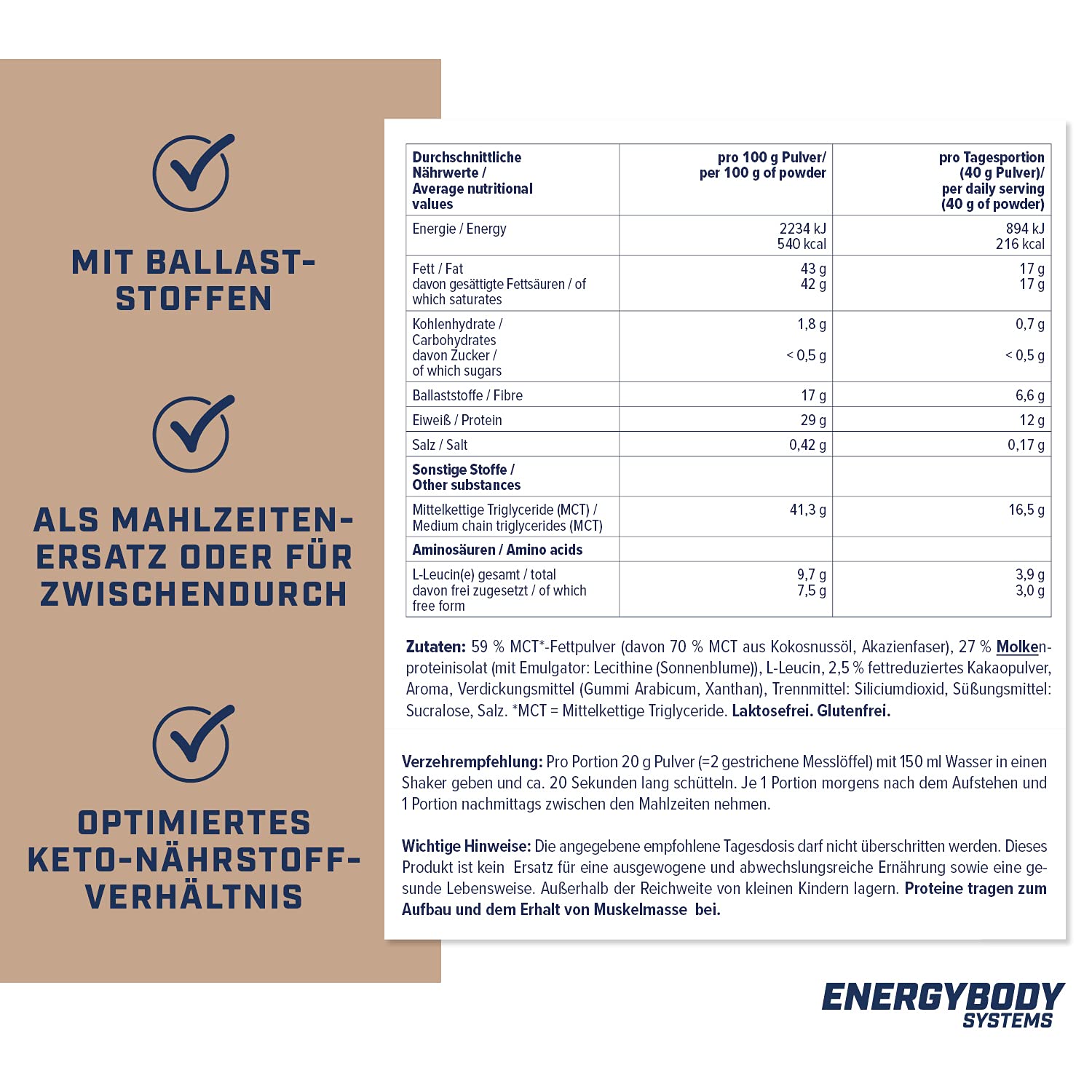 Energybody KET'ONE Shake „Schoko" 600 g/Protein Pulver für die Ketogene Ernährung/Keto Shake mit MCT Pulver & Molkenproteinisolat/reich an essentiellen Aminosäuren & BCAAs