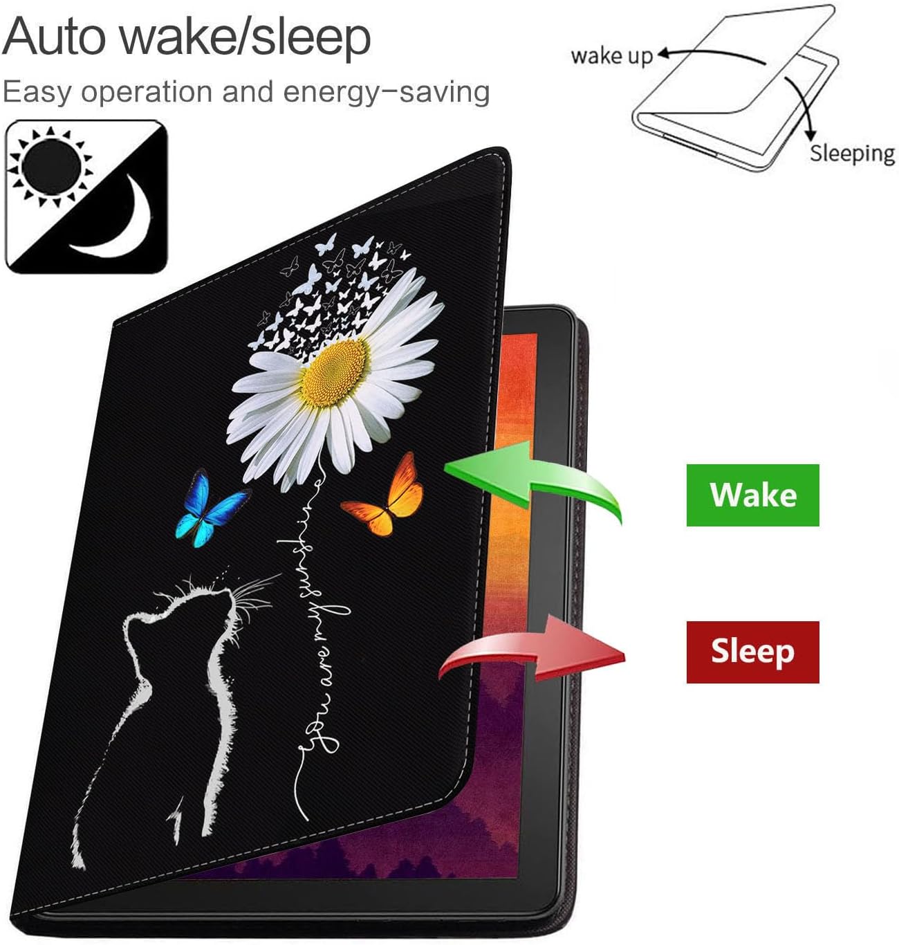Case for Samsung Galaxy Tab S10 Lite/ S10 FE/ S9 FE 5G 10.9 Inch/ S9 11 Inch - Slim PU Leather Folding Stand Folio Cover with Auto Sleep/Wake, Cat and Daisy Flower image 3