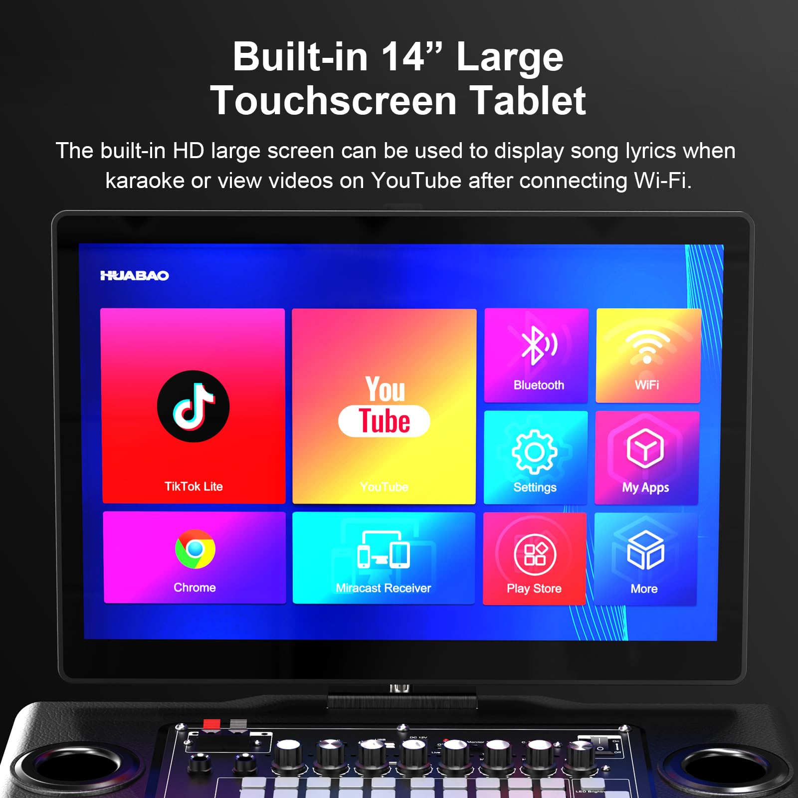 HUABAO Smart Karaoke Machine with 14” Tablet, Screen & Lyrics Display, Professional Karaoke Speaker, 2 Wireless Microphones, Bluetooth PA System, WiFi, HDMI, and LED Lights for Adults