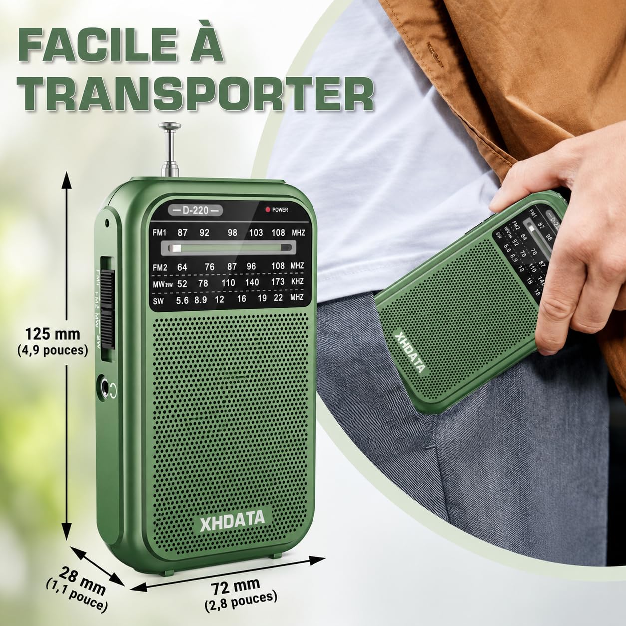 XHDATA D220 Radio Portable FM/AM/SW, Mini Radio à Piles Survie (AA) avec Réception Haute Performance, TransistorRadio pour Cadeau, Famille, Séniors(Vert)