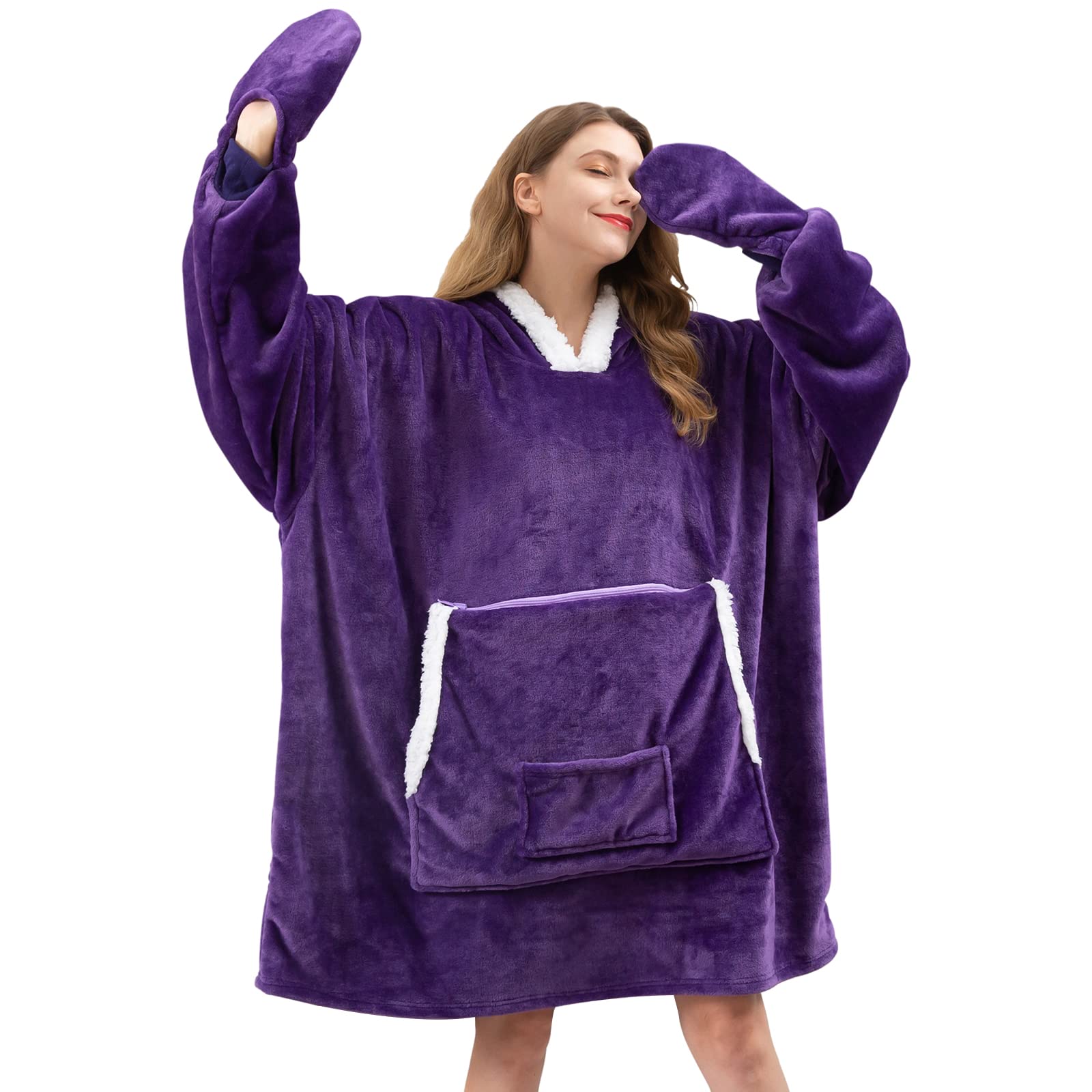 yescool Blanket Hoodie for Women - Oversized Sherpa Fleece Warm Sweatshirt Blanket with Sleeves and Huge Pockets Cozy Purple Hooded Blanket Gifts for Adult Mom Men teen