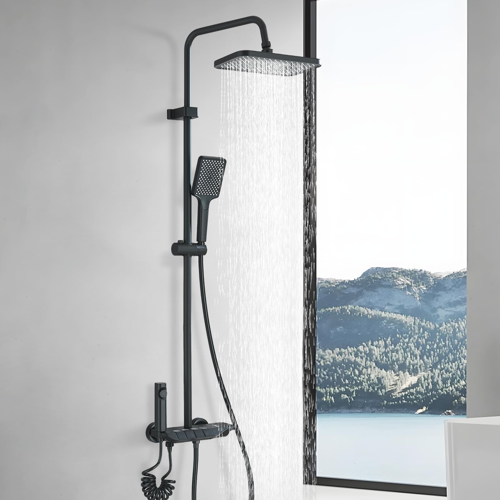 Colonne de Douche Noir Système de Douche Réglable en Hauteur Ensemble de Douche 4 Modes avec Pommeau Carré Douchette à Main