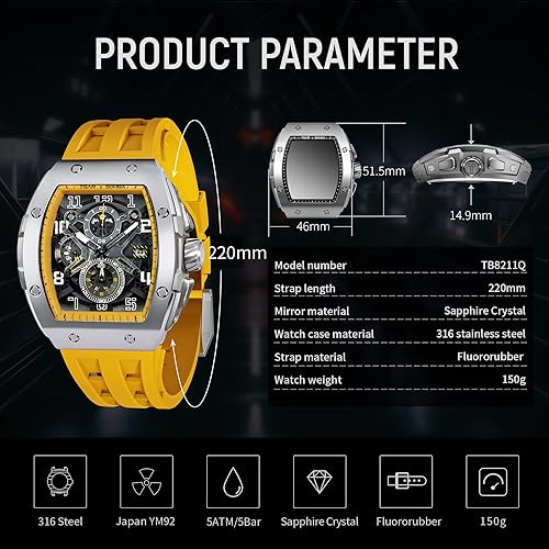 Miniatura 6 de TSAR BOMBA - Relojes para hombre, relojes de cuarzo de lujo, resistentes al agua 164 pies, analógicos, forma tonneau, con cronógrafo, calendario,