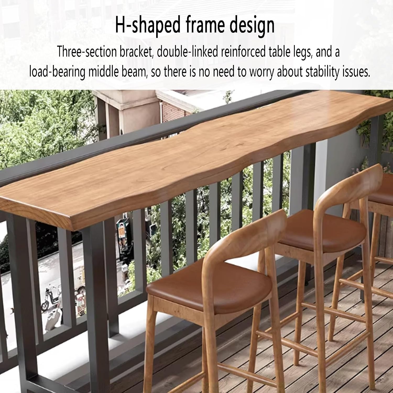 Solid Wood Industrial Bar Table, Irregular Rectangular Design, Modern Narrow Patio Coffee Table, Metal Base, Perfect for Dining & Balcony (160x40x105cm)