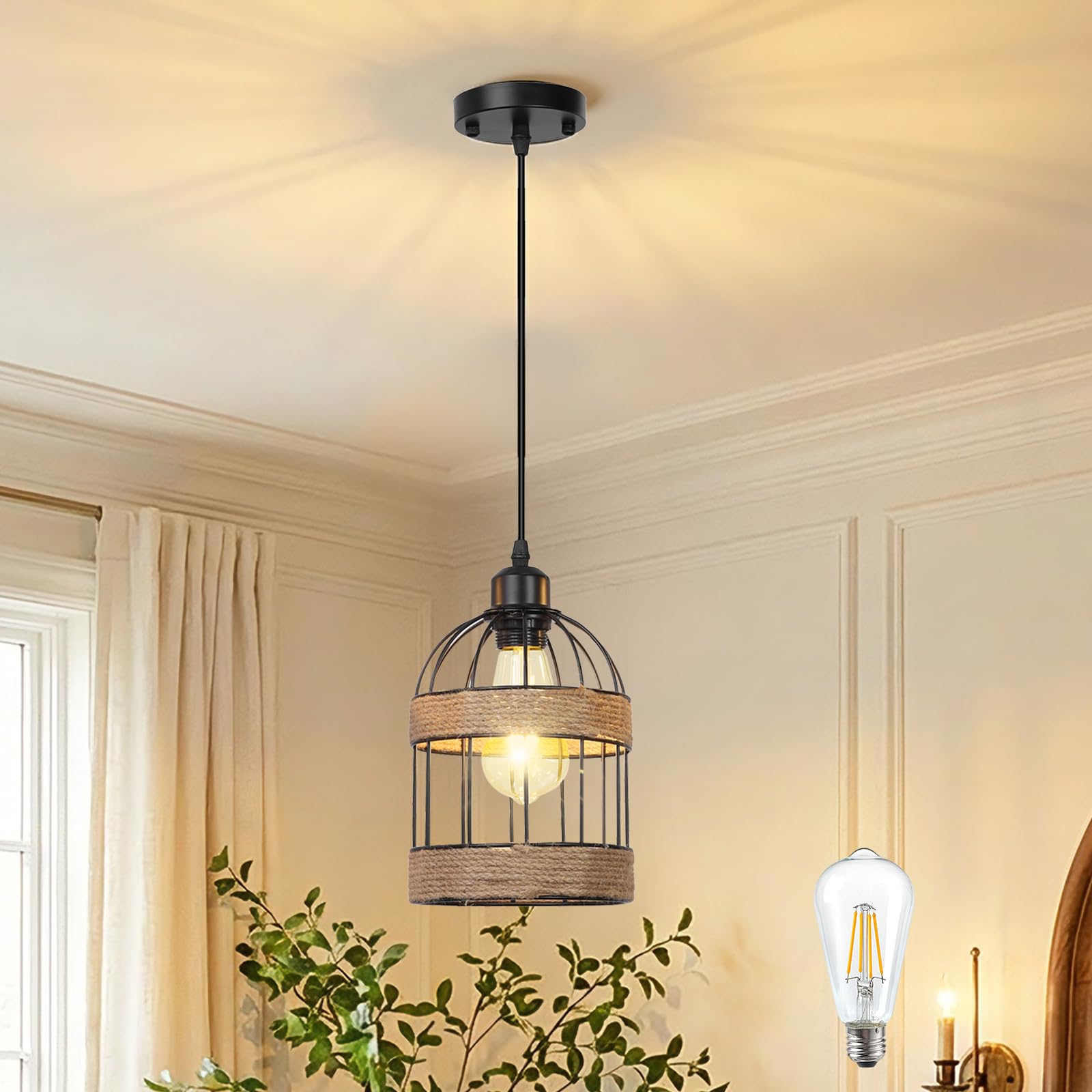 SERBASIC Black Pendant Light Height Adjustable 1-Light,E27 Ceiling Hainging Lights for Kitchen,Living Room,Dining Room,Coffee Shop
