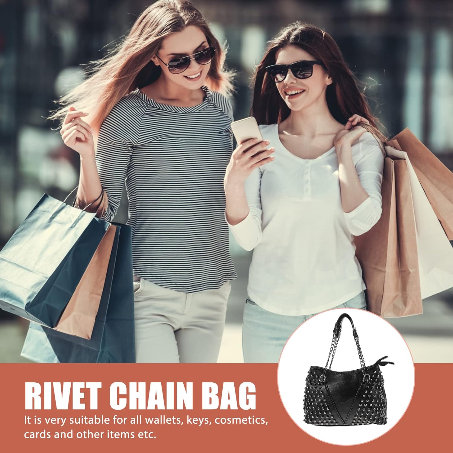PRETYZOOM Rivet Chain Crossbody Bag for Women Stylish Studded Shoulder Bag in Pu Leather Compact Handheld Messenger for Daily Use and Outdoor Activities 7.28X5.90X3.54In - Image 2