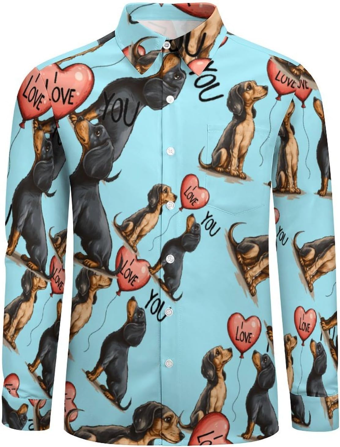 Dachshund Love Long Sleeve Shirts Casual Dress Shirt Button-down T-shirts for Men