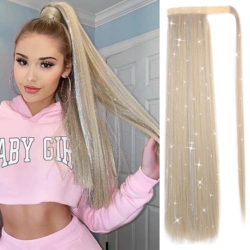 Miniatura 10 de WIGNEE Extensión de cola de caballo larga trenzada para mujeres negras, extensiones de cabello lacio envolvente, extensiones de cabello sintético