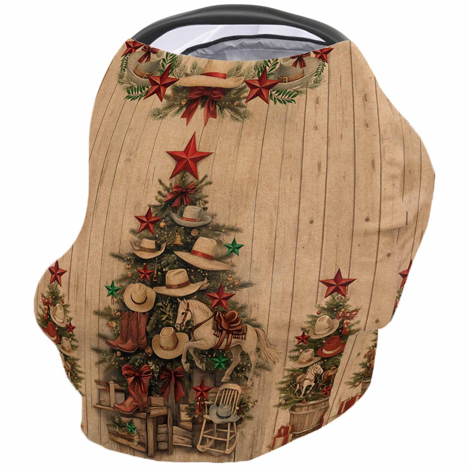 Nursing Cover for Breastfeeding Scarf, Western Christmas Cowboy Hat Xmas Tree Gifts Retro Baby Car Covers Super Soft Multi Use for Canopy Shopping Cart Cover Blanket Stroller Cover