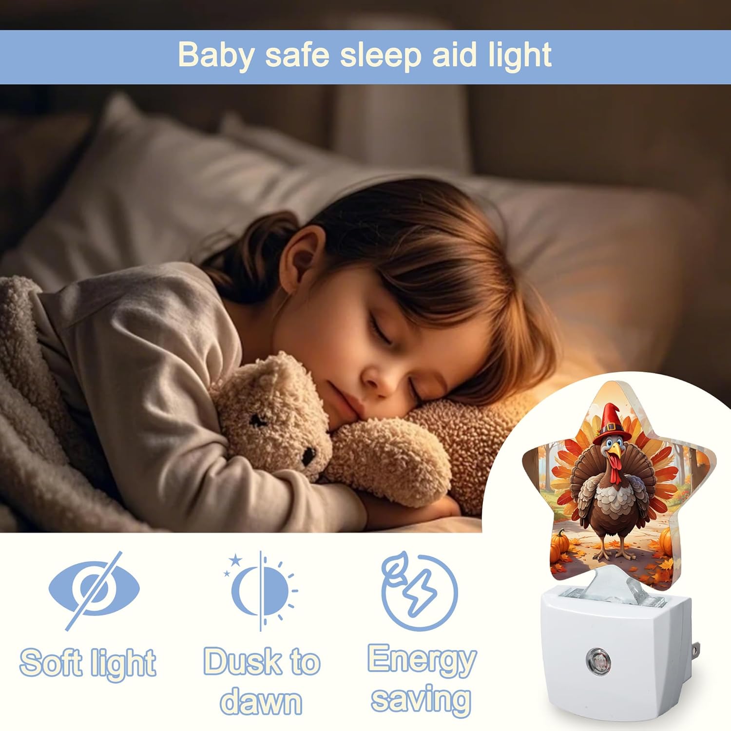 Fall Autumn Turkey Dusk to Dawn Star Night Light,Thanksgiving Day Smart Sensor Nightlight for Bedroom Kitchen Hallway Stairs,Plug-in Energy Efficient Decor Desk Lamp Women Men Gifts
