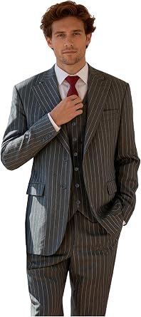 Mens Suit 3 Pieces Peaked Lapel Grey Pinstripe Slim Fit Tuxedo Blazer Vest Pants Prom Event Wedding Banquet Dinner