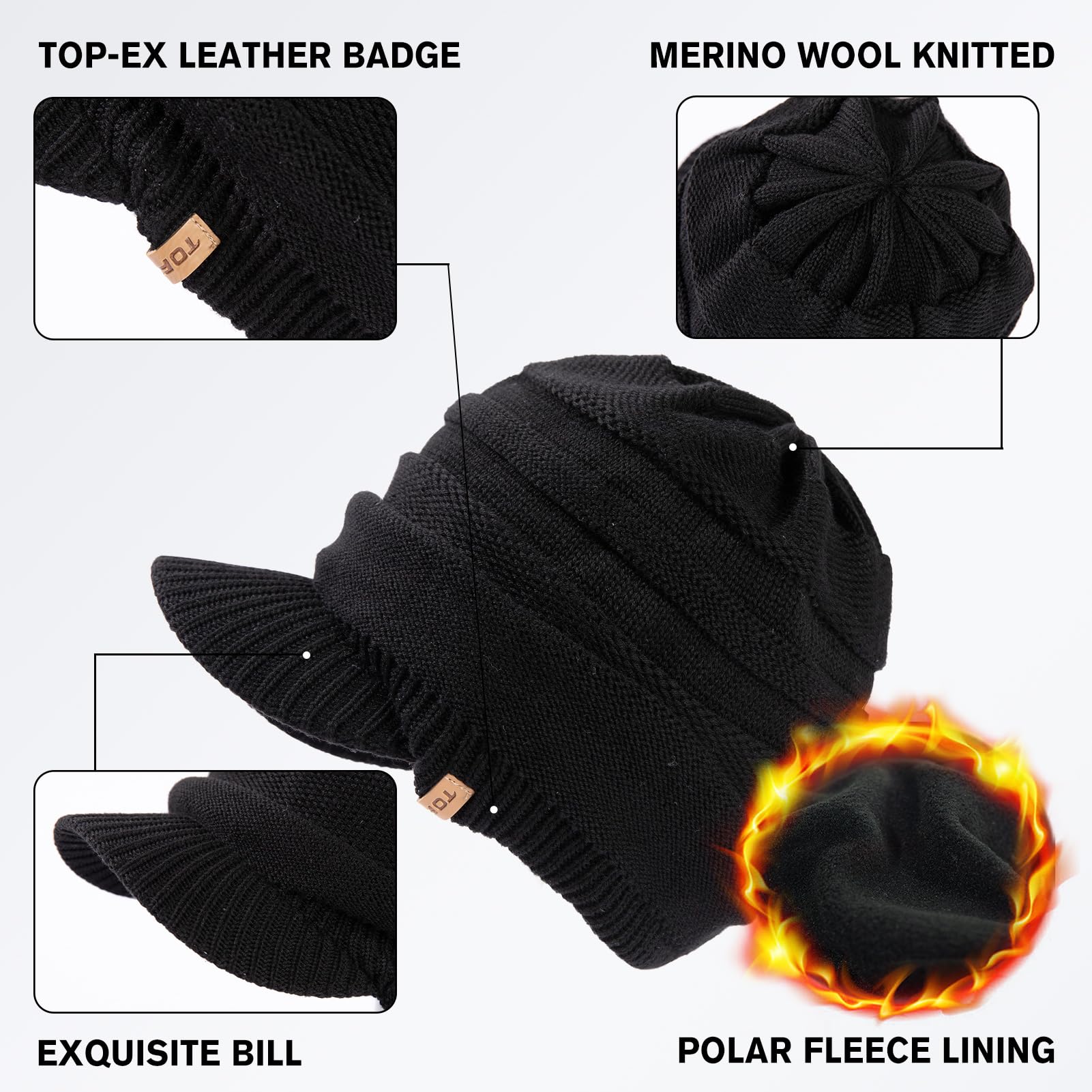 TOP-EX Bonnet d'hiver imperméable en laine mérinos avec doublure en polaire chaude pour temps froid, style unisexe