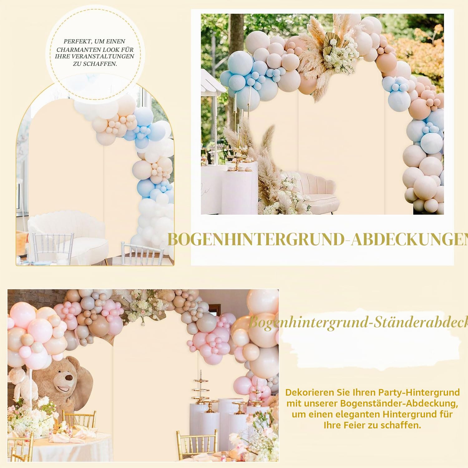 FUHSY Elastan-Bogen-Hintergrundabdeckungen, Set mit 3 Stück, für Hochzeitsbögen und Chiara-Ständer-Set, Beige, 1,8 m, 2 m, 2,2 m