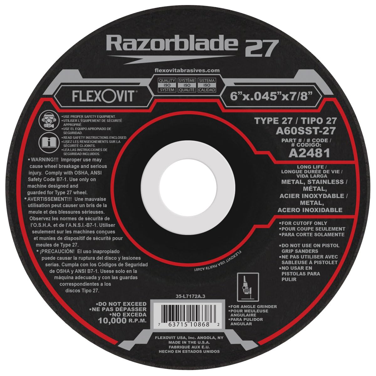 Flexovit6" X .045" X 7/8" RAZORBLADE 27® 60 Grit Aluminum Oxide Grain Reinforced Type 27 Depressed Center Cut-Off Wheel (A2481 Pack of 25)