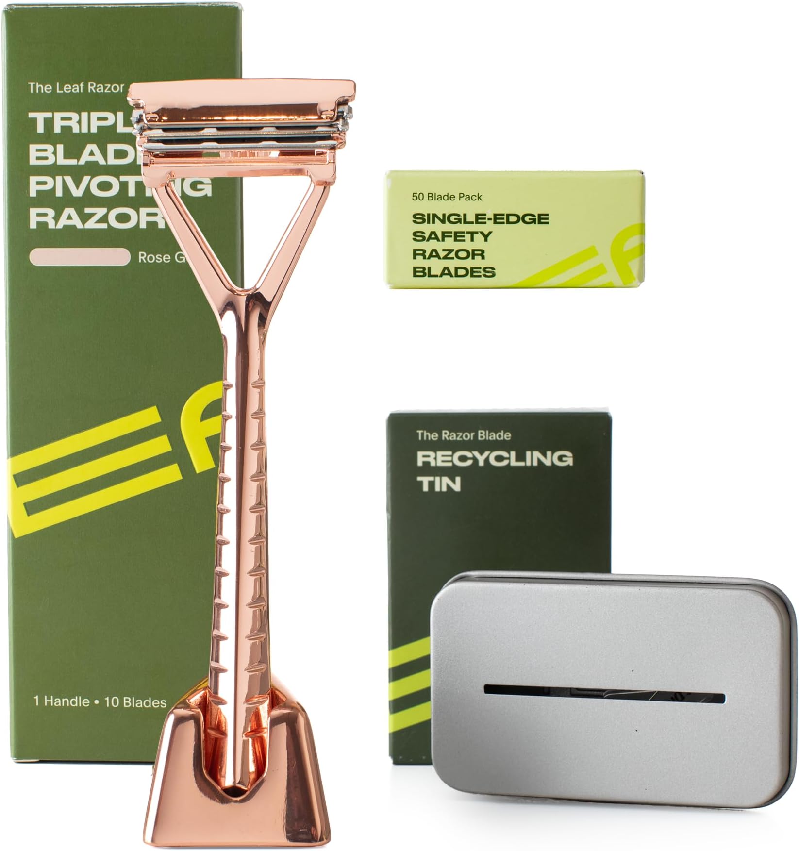 Leaf Shave - Rose Gold Leaf Razor Set: 3-Blade, All-Metal, Pivoting Head, Women's Body & Head Shaver Gift Set