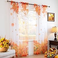 Vista 2 de youleyar Cortinas traslúcidas de otoño para sala de estar de 63 pulgadas de largo, 2 paneles de cortinas semi-transparentes blancas con estampado