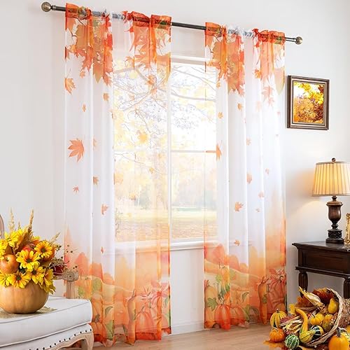 Miniatura 2 de youleyar Cortinas traslúcidas de otoño para sala de estar de 63 pulgadas de largo, 2 paneles de cortinas semitransparentes blancas con estampado de