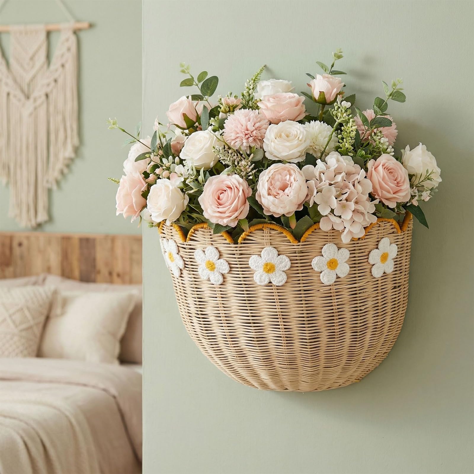 Falowany Kosz Ścienny W Stylu Wiklinowym, Wiszący Organizer Rattanowy Na Rośliny, Kosmetyki, Przedpokój, Kuchnię, Łazienkę I Salon(Rattan,2pcs)