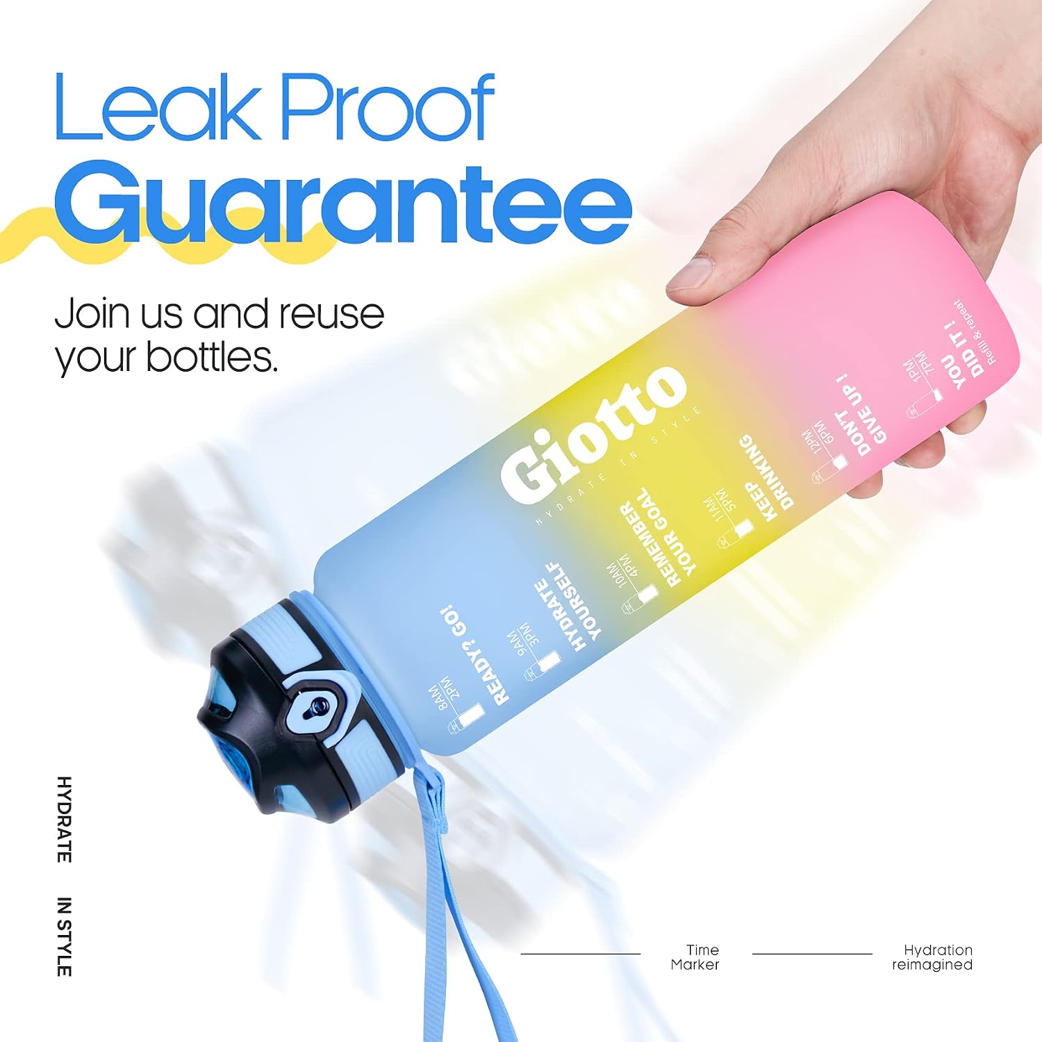 Giotto 32oz Motivational Water Bottle with Time Marker & Removable Strainer, Leakproof Fast Flow BPA Free Water Jug to Remind You Drink More Water and Hydrate in Style