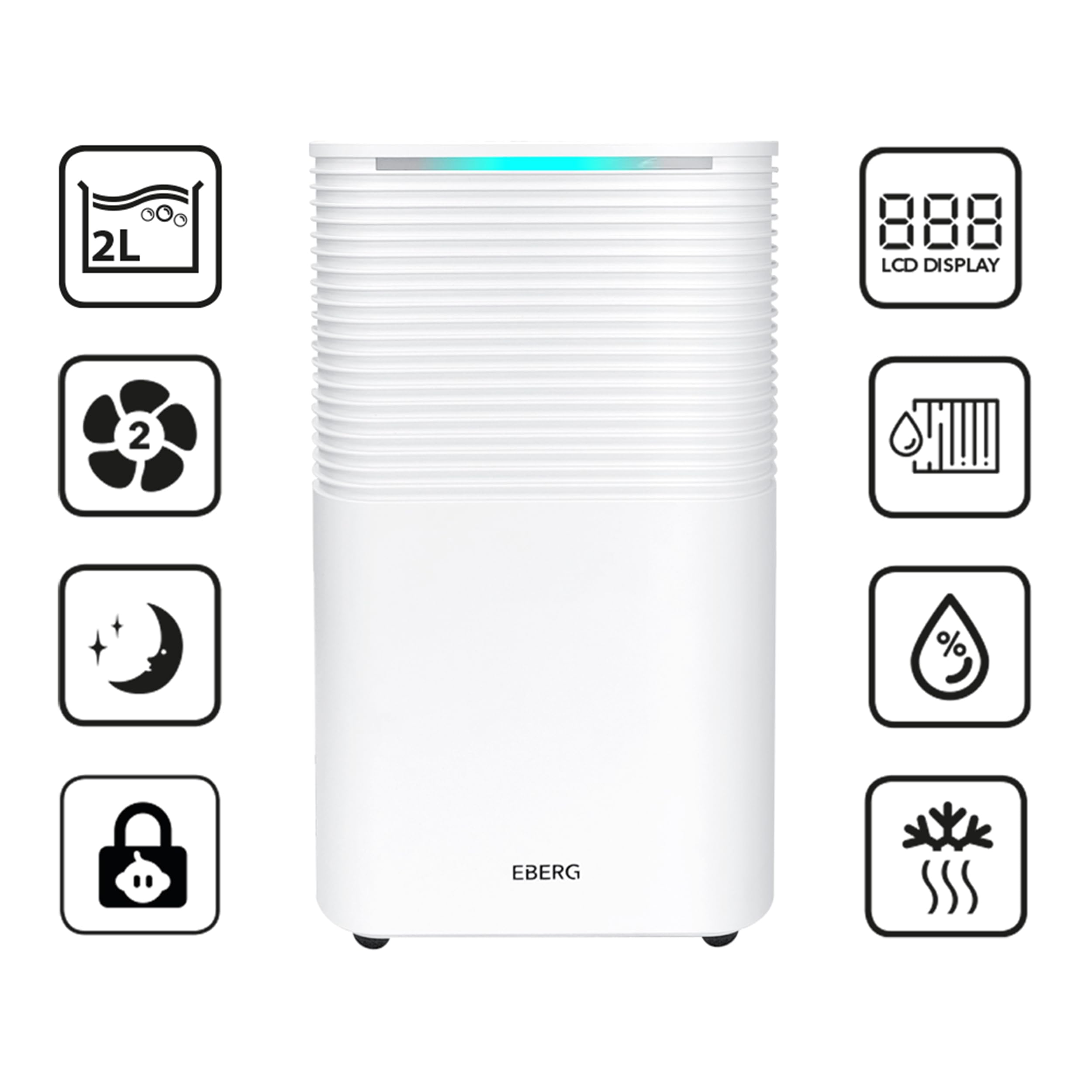 EBERG RICO WiFi osuszacz powietrza 12 l/24 h, higrostat, sterowanie aplikacją, wyświetlacz LCD, timer 24 h, drenaż ciągły, osuszacz do domu i piwnicy, biały