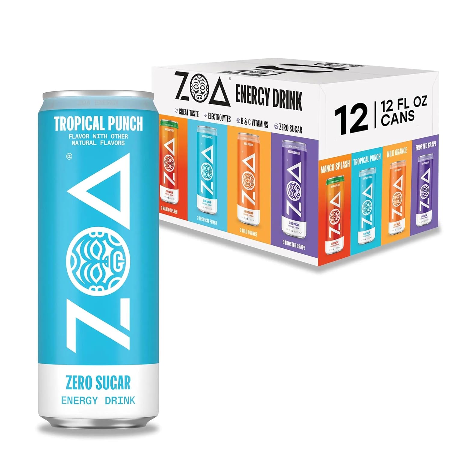 ZOA Zero Sugar Energy Drinks, Variety Pack - Sugar Free with Electrolytes, Healthy Vitamin C, Amino Acids, Essential B-Vitamins, and Caffeine from Green Tea (MS, TP, FG, WO)- 12 Fl Oz (12-Pack)