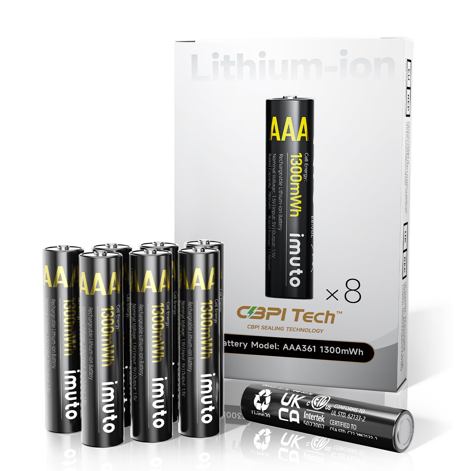 imuto Rechargeable AAA Batteries Lithium 8 Pack,1300mWh 1.5V Constant Output Triple a Lithium Batteries 1600 Cycles Long Lasting(No Charger)
