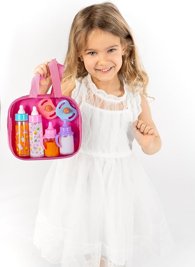 fash n kolor®, My Sweet Baby Disappearing Doll Feeding Set | Baby Care 6 Piece Doll Feeding Set for Toy Stroller | 2 Milk & Juice Bottles with Toy Pacifier for Baby Doll,