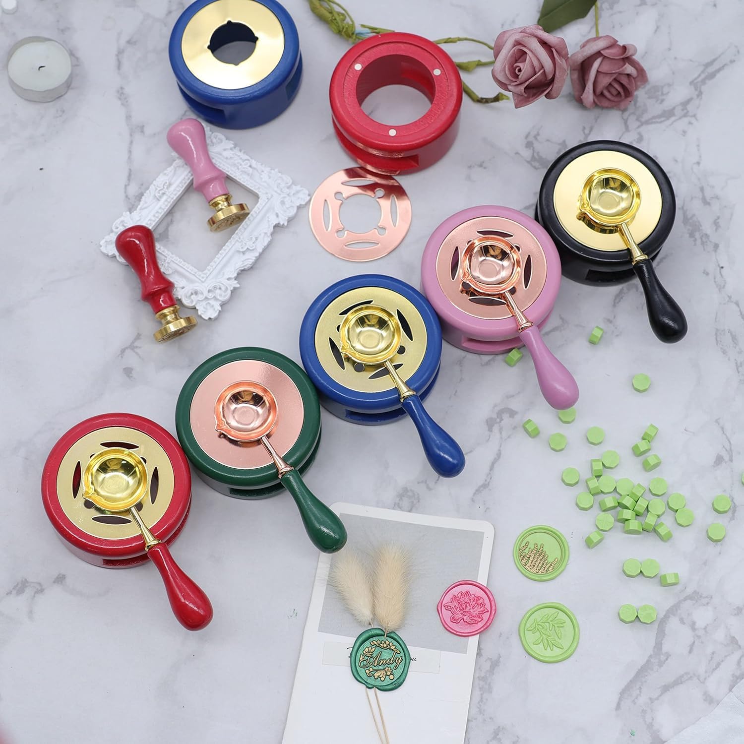 LUOSHI Wax Seal Kit With Warmer, Stamp, Spoon, and Furnace For Melting Sticks Or Beads - Assorted Color 3