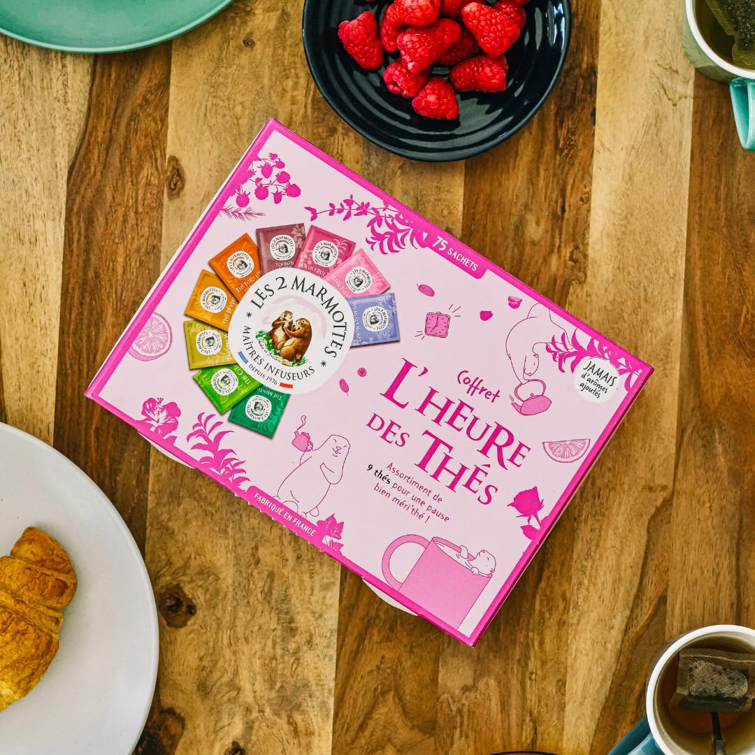 Les 2 Marmottes - Coffret L'Heure des Thés 75 Sachets - 9 Thés et Rooibos BIO - Idéal En Cadeau - Petit Déjeuner et Energisant - Made In France - Sans arômes ajoutés - 127g