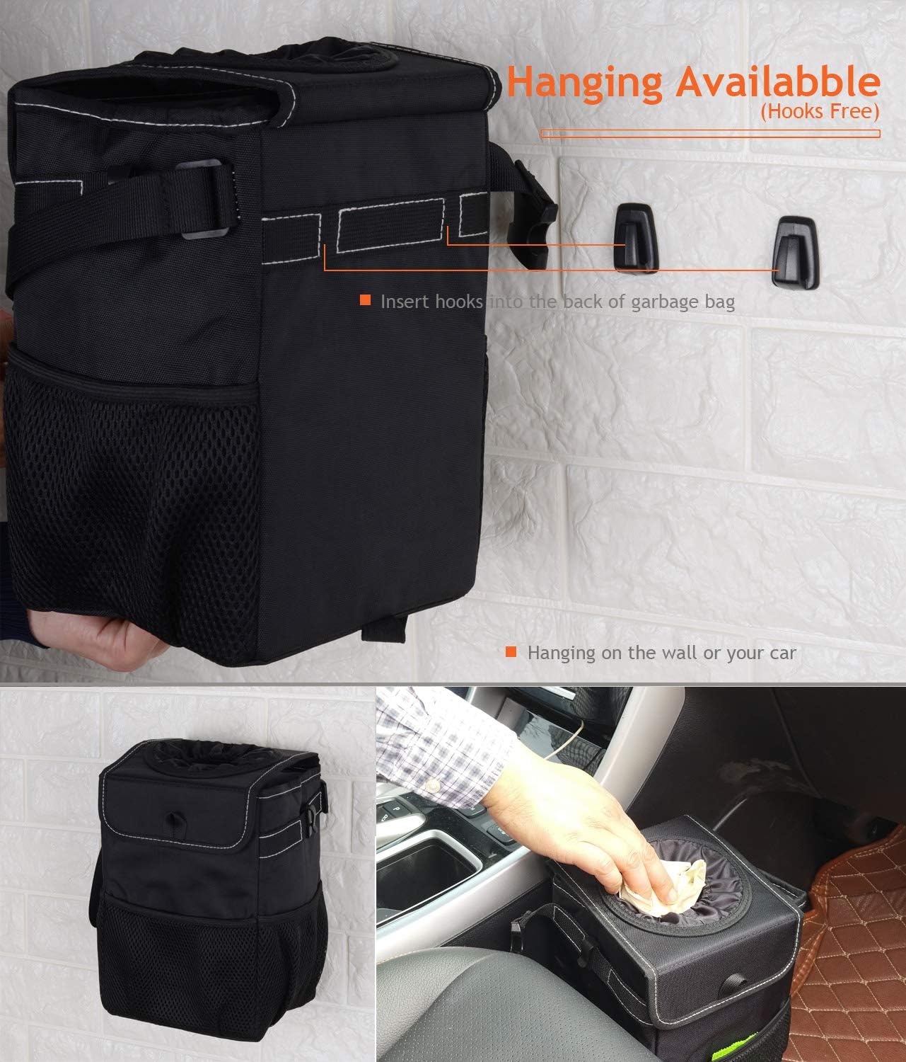 Koxvzec Car Trash Can Garbage Bag with Lid and Storage Pockets Leak-Proof Vinyl Multipurpose Truck Organizer with 2 Hooks (1pack)