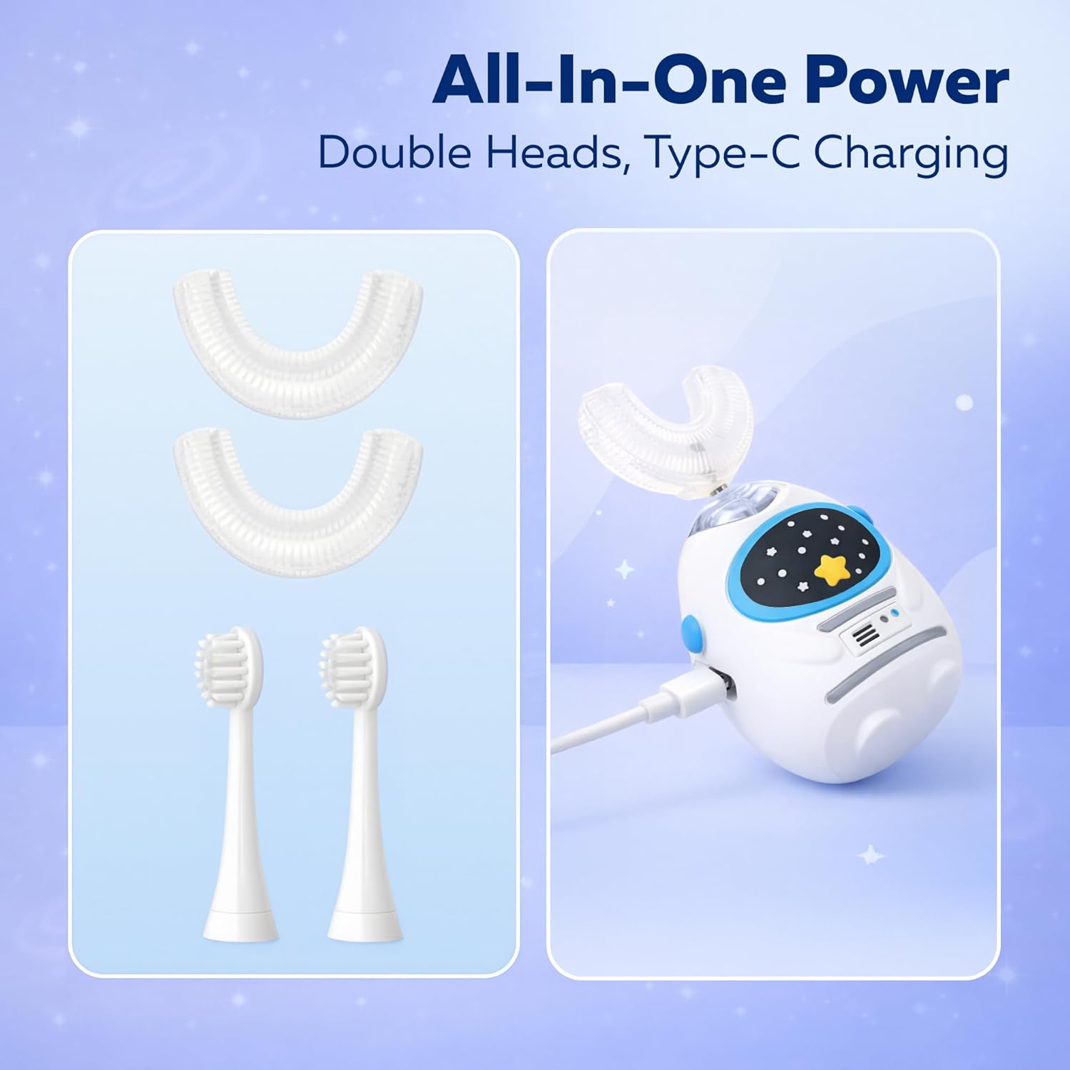 Kids U-Shaped Electric Toothbrush, Voice Guidance & Music Guided Brushing, 4 Brush Heads, 3 Modes, 360° Gentle Silicone, Type-C Charging, for Ages 3-12 (Heroic White)