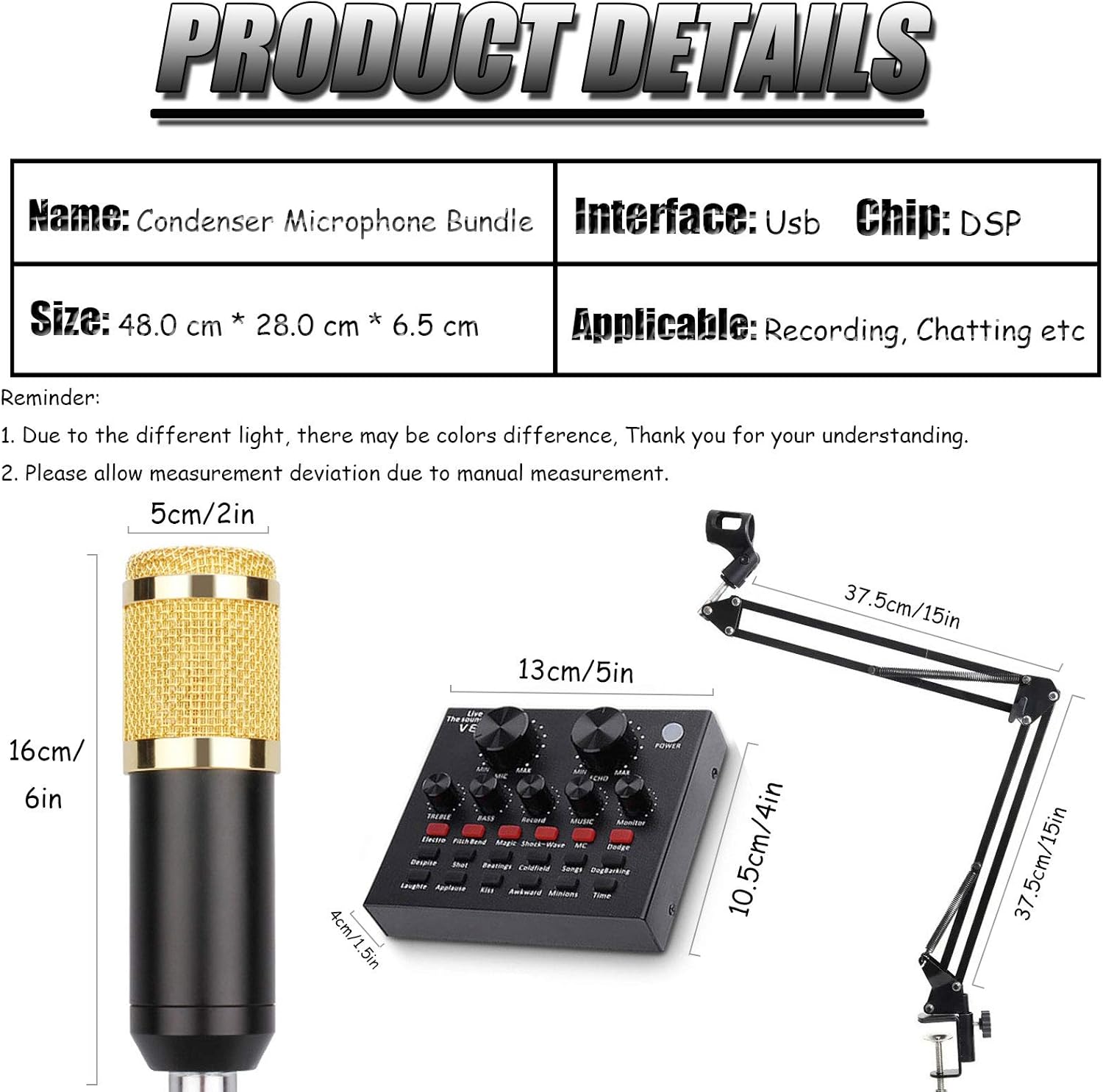 USB Microphone for Computer Kit,Sound Card Condenser Computer PC Mic Gaming PC Studio Mic Set,Arm Stand,Noise Reduction,Mute Key,Plug & Play, Home Recording Studio